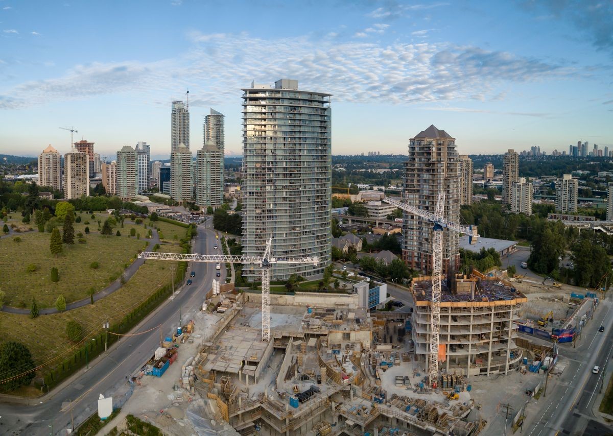 Aerial panoramic view of a residential building construction site near Brentwood Town Centre, Burnaby, Greater Vancouver, British Columbia, Canada.