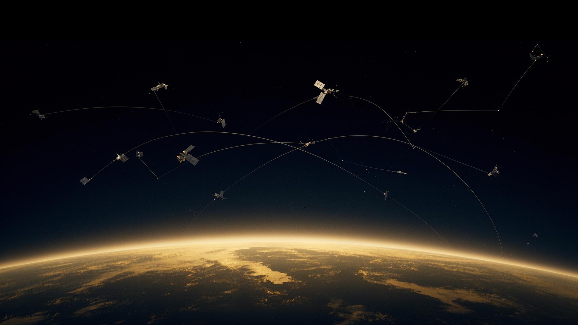 Earth viewed from low orbit at golden hour with a constellation of satellites connected by faint light-lines arcing across the sky