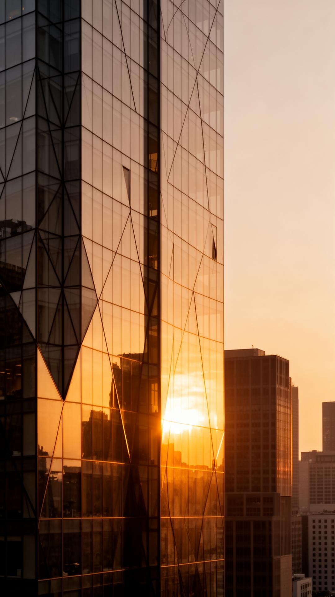 Glass skyscraper facade reflecting a golden sunset in a financial district